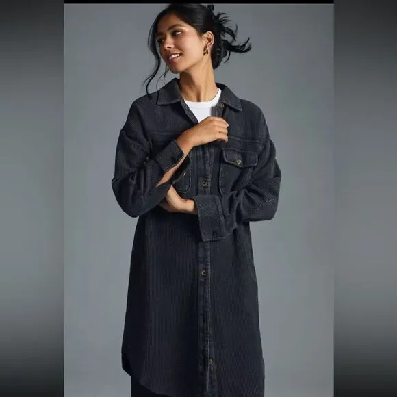 PILCRO Anthropologie Ribbed Button Down Duster Shacket in Gray Black Size XL - Picture 2 of 4